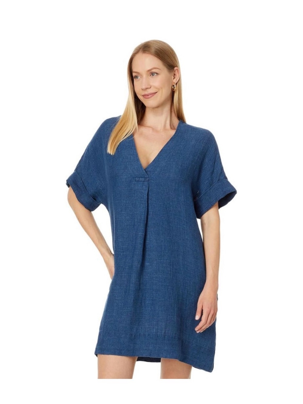 Faherty Indigo Blue 100% Linen V-Neck Shift Dress with Pockets Size L